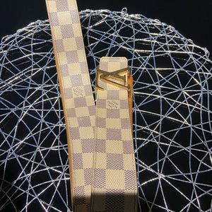 Louis Vuitton Damier Azur pattern belt, used, with brass LV buckle.